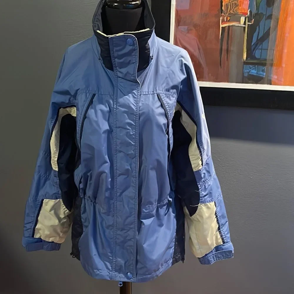 Columbia Fire Ridge blue/navy/light gray zipper/snap front snowboard jacket. Sm